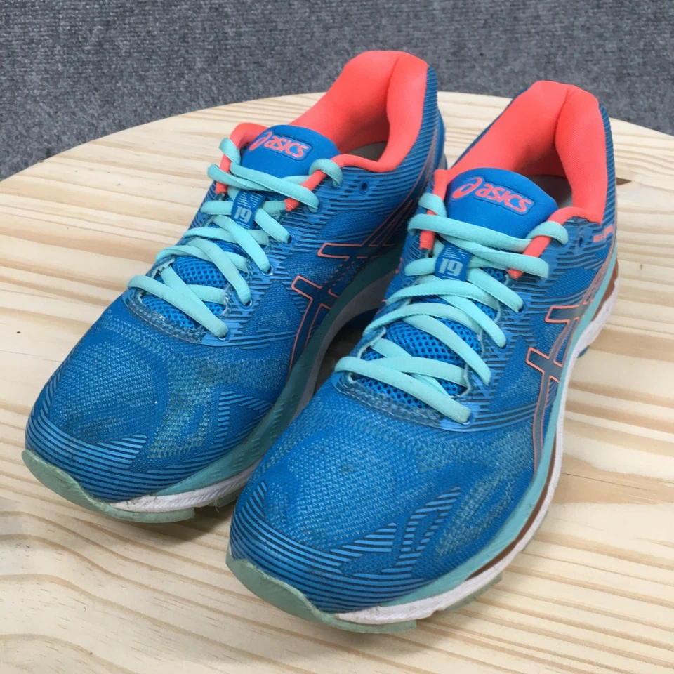 Zapatillas deportivas para correr Asics para mujer 7 Gel-Nimbus 19 azul naranja malla Foto 3 de 4