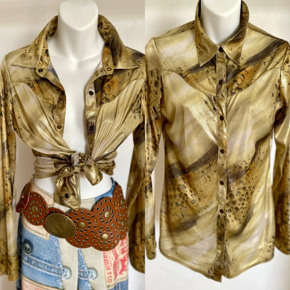 CAMISA ROPER Rara WEAR THE WEST Estampado Animal Dorado LAME Estilo Vaquera Occidental XS Foto 3 de 4