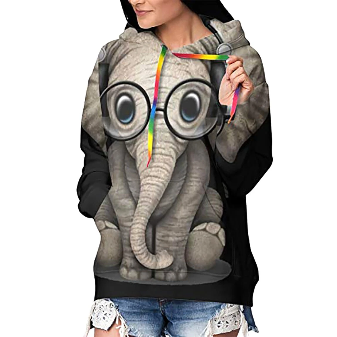 Novelty Women's Hoodie Elephant Glasses W/Pocket Long Sleeves Sweatshirt Black M