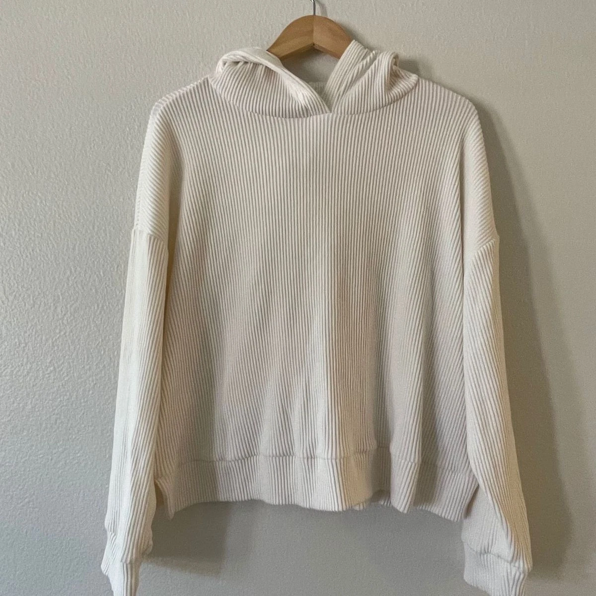 OFF WHITE Felpa donna GAP taglia XL accogliente con cappuccio a costine manica lunga pullover avorio gelo