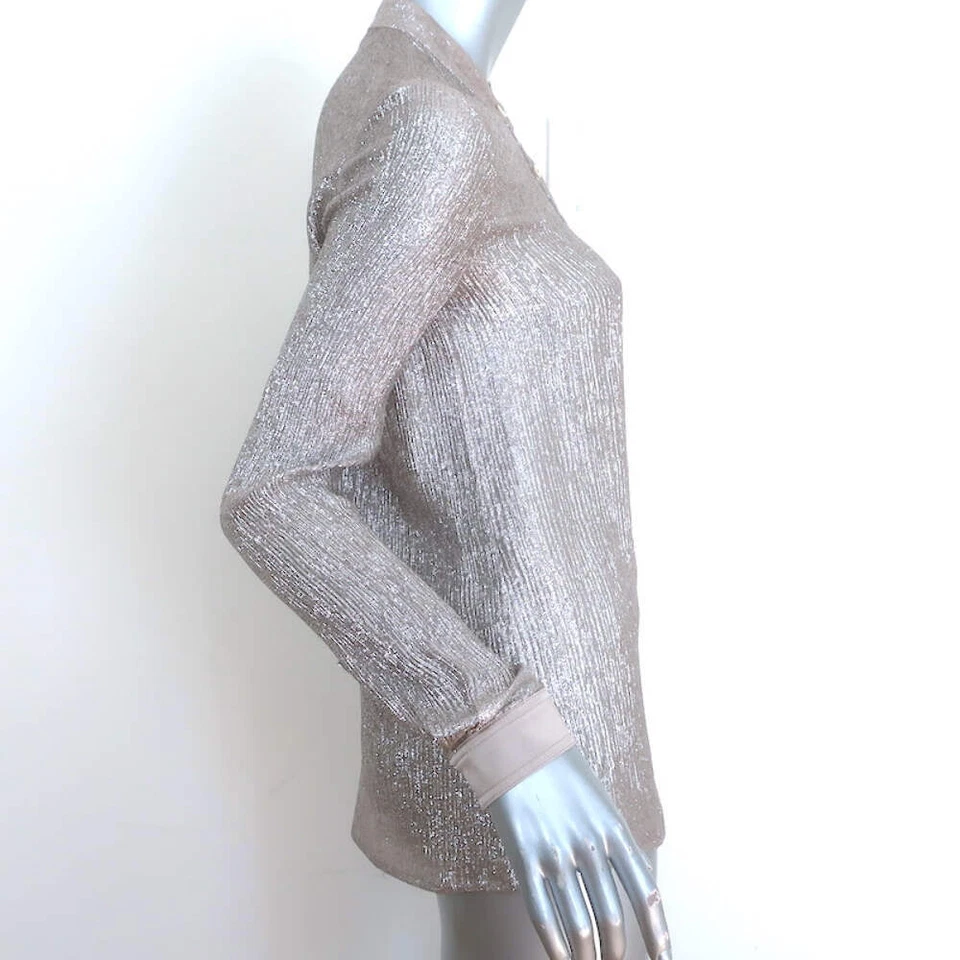 Tory Burch Metallic Button Down Shirt Silver/Taupe Size 0 Long Sleeve Top - Image 4 of 4