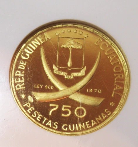 Equatorial Guinea 1970 Gold 750 Pesetas KM-28 Minerva NGC Proof-68 ULtra Cameo