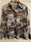 Sz Large Womens Lucky Pierre Polyester Disco Era 70s Shirt Windmill Landscape