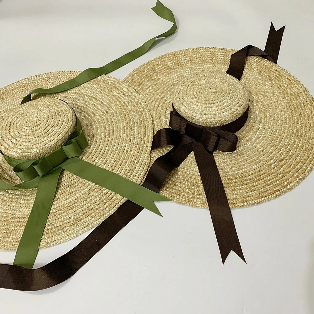 Natural Wheat Straw Hat Ribbon Tie Bow Brim Boater Hat Derby Beach Sun Hat  Cap