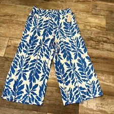 Rachel Zoe Womens Pants XL White Blue Floral Linen Wide Leg Vacation Boho