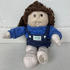 Vintage 1984 Cabbage Kid Toy Doll, Brown Hair Girl w/ Overall Outfit