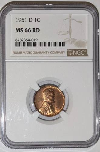 1951-D 1C RD Lincoln Wheat One Cent  NGC MS66RD