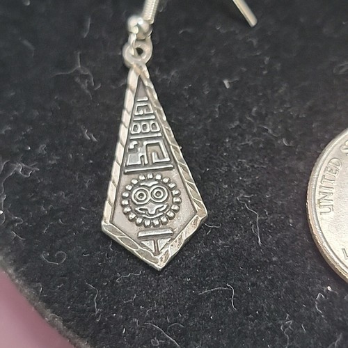 Vintage 950 Silver Mexican Aztec Dangle Drop Earrings Hook 1.5" Ornate Detailed - Picture 11 of 14