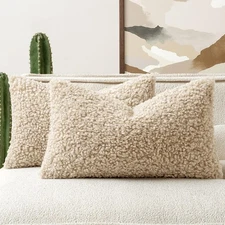 Faux Fur Throw Pillow Covers 20x12 Inch Set of 2 Boucle Neutral Decorative Lu...