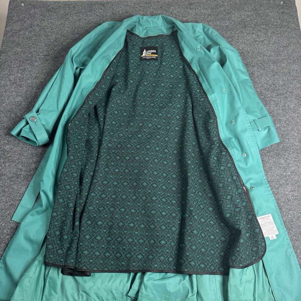 London Fog Womens Trench Coat Size 12 Regular Belted Vintage Raincoat Teal Green - Image 4 of 4
