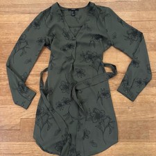 Forever 21 green black floral V-neck tie-waist tunic blouse mini dress sz S b69