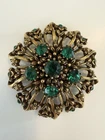 Coro Brooch Pin, Green & Gold, Vintage Costume Jewelry - Missing 1 Small Stone