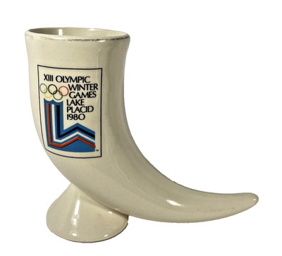 1980 Lake Placid Winter Olympics Souvenir Drinking Viking Horn Ceramic Logo Rare