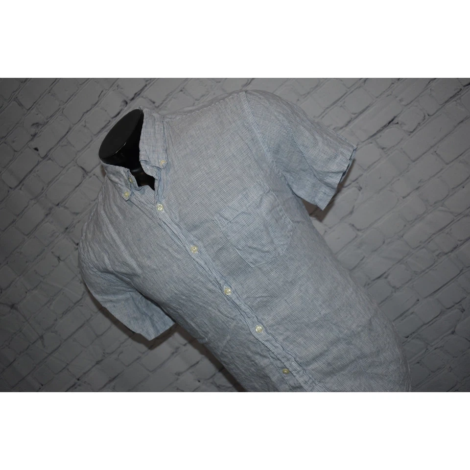 J Crew Dress Hawaiian Style Linen Shirt Mens Size Large Blue Striped - Image 4 of 4