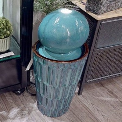 Floor Water Sphere Fountain Glazed Blue Ceramic UV Weather Resistant New 14x29''