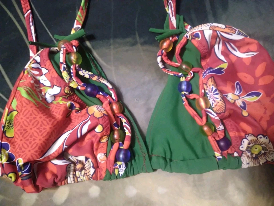 BECCA By Rebecca V. Bikini Large 2 Piece Red Green Floral Beads Swimwear - Image 4 of 4