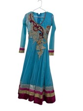 Teal Blue Embroidered Anarkali Dress w/ Pink  Gold Trim