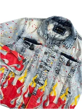 Waimea Jean Jacket Small Mens Urban Streetwear Art Denim Graffiti Flames Graphic