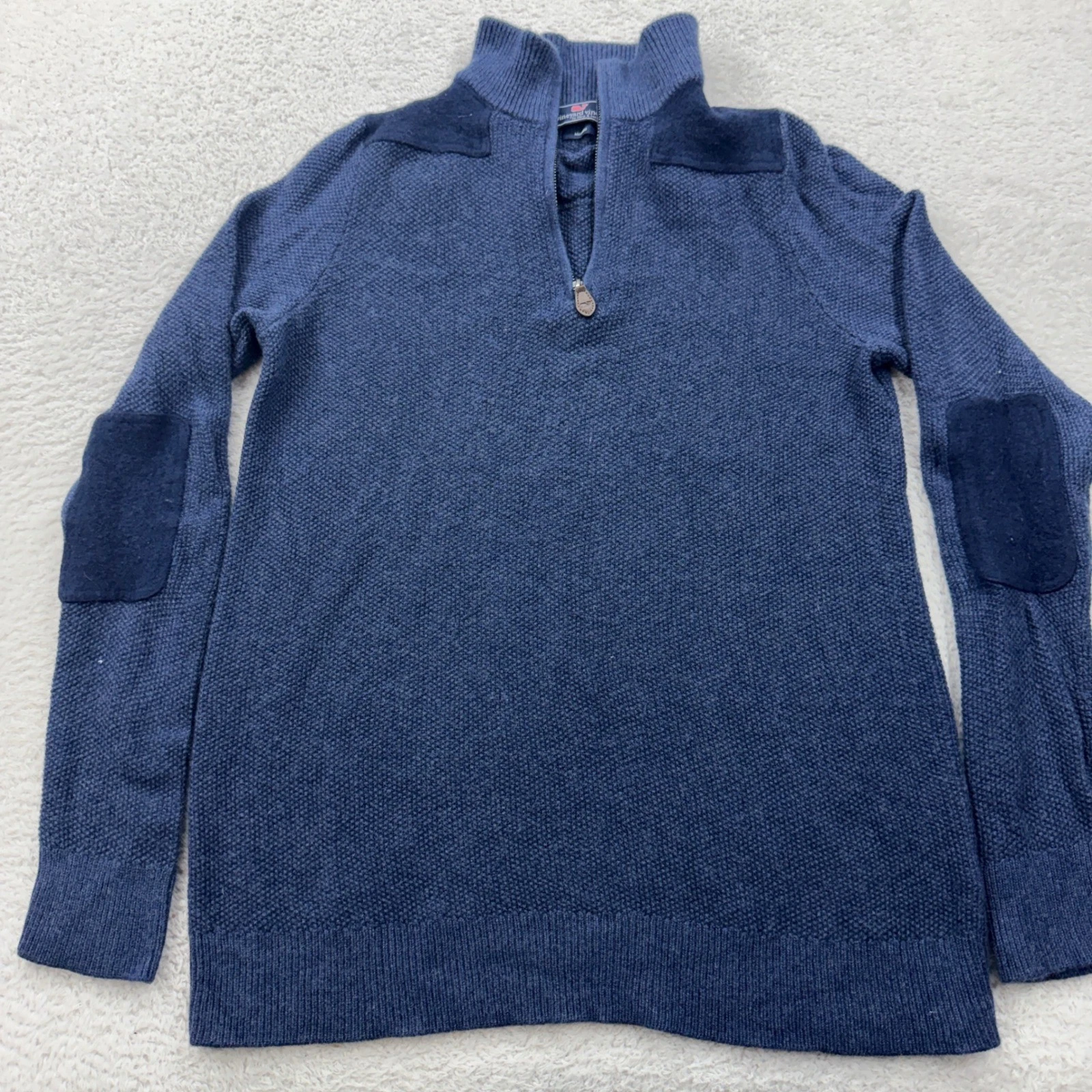 Vineyard Vines Mens Blue 100% Cashmere Quarter Zip Sweater Elbow Patches Size M