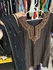 Salwar Kameez Set Black Synthetic Gold Embroidery with Dupatta Women