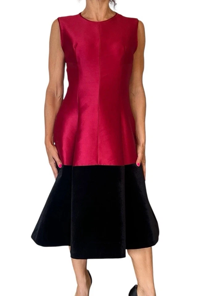 Kate Spade Fit & Flare Sleeeless Dress Red Silk Satin Black Velvet Midi 4-6 - Image 3 of 4