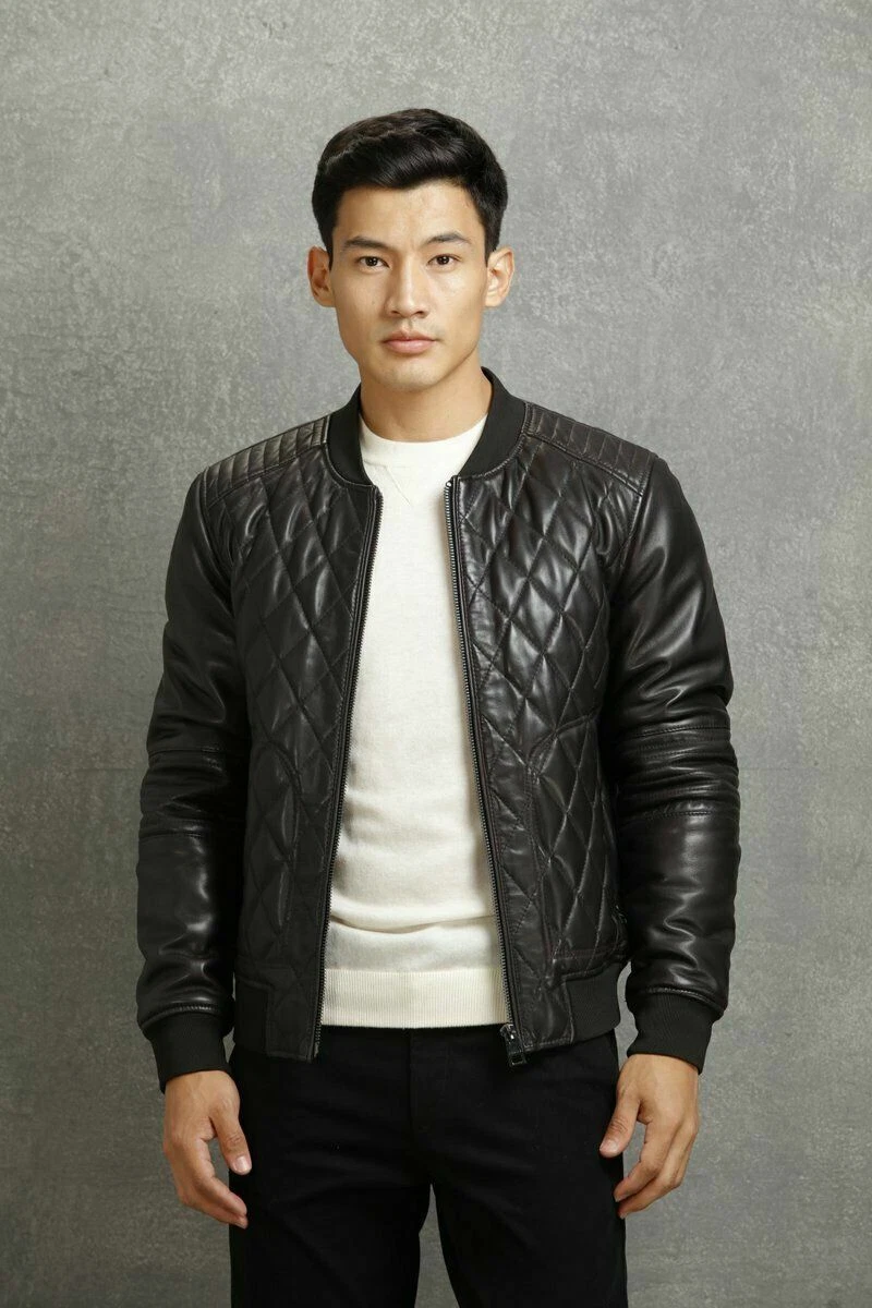 Black Quilted Leather Jacket Men Lambskin Bomber Size S M L XL XXL Custom - 016