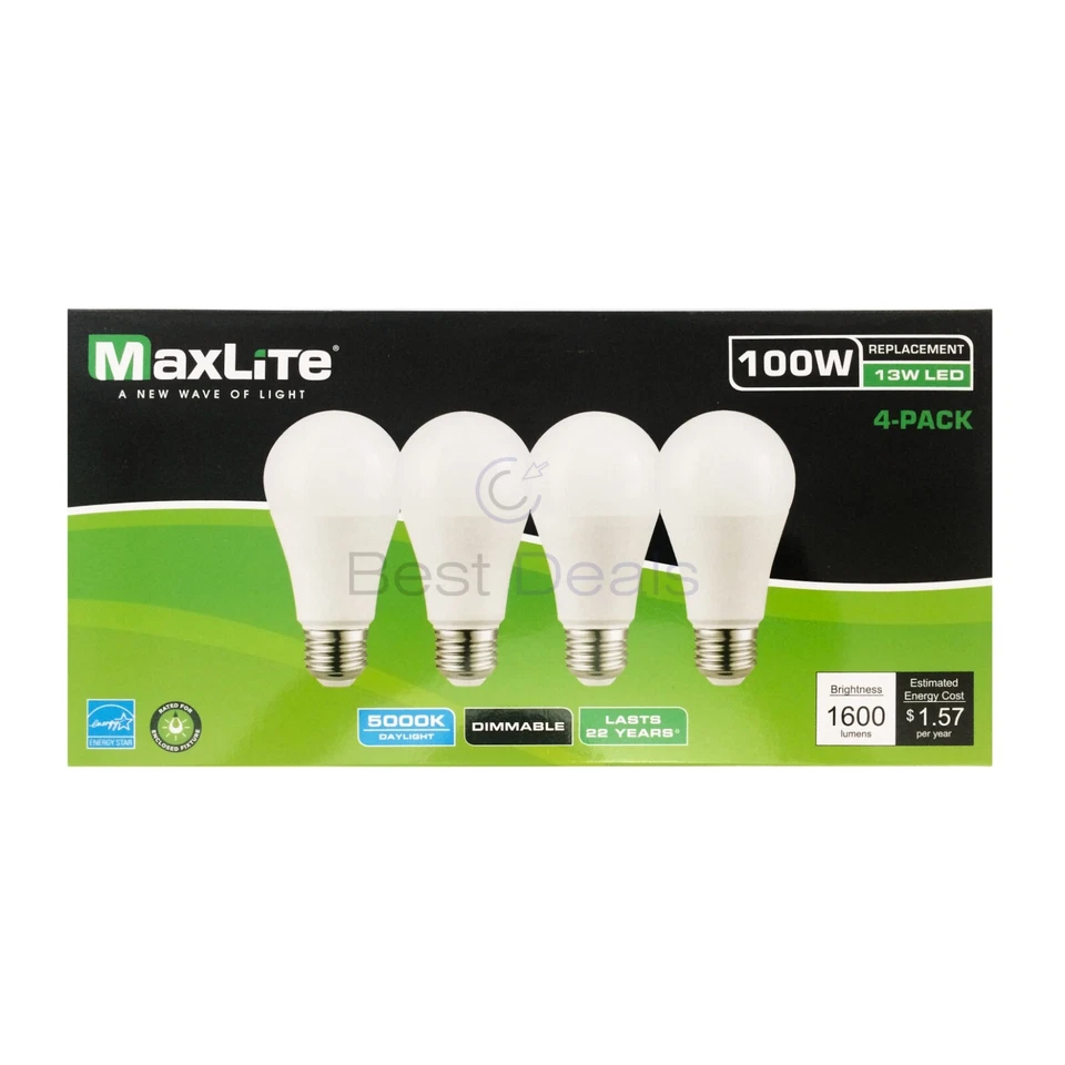 96 PACK Maxlite Dimmable LED 13W Daylight Light Bulb A19 100W replacement 5000K - Image 2 of 4