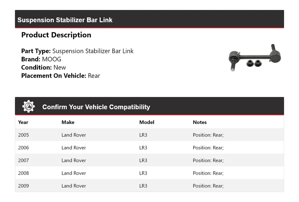 For 2005-2009 Land Rover LR3 Suspension Stabilizer Bar Link Rear MOOG 2005 2006 - Image 2 of 4