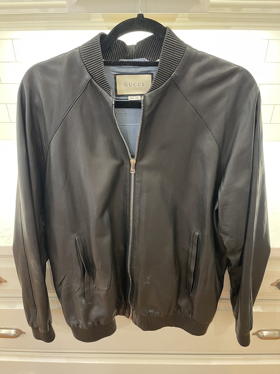 【gucci・グッチ】 BOMBER JACKET アウター Gucci Black Leather Bomber Jacket w/ PARAMOUNT LOGO | eBay