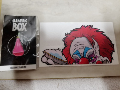 BAM BIG BOX KILLER KLOWNS FROM OUTER SPACE ENAMEL PIN AND PEEKER STICKER