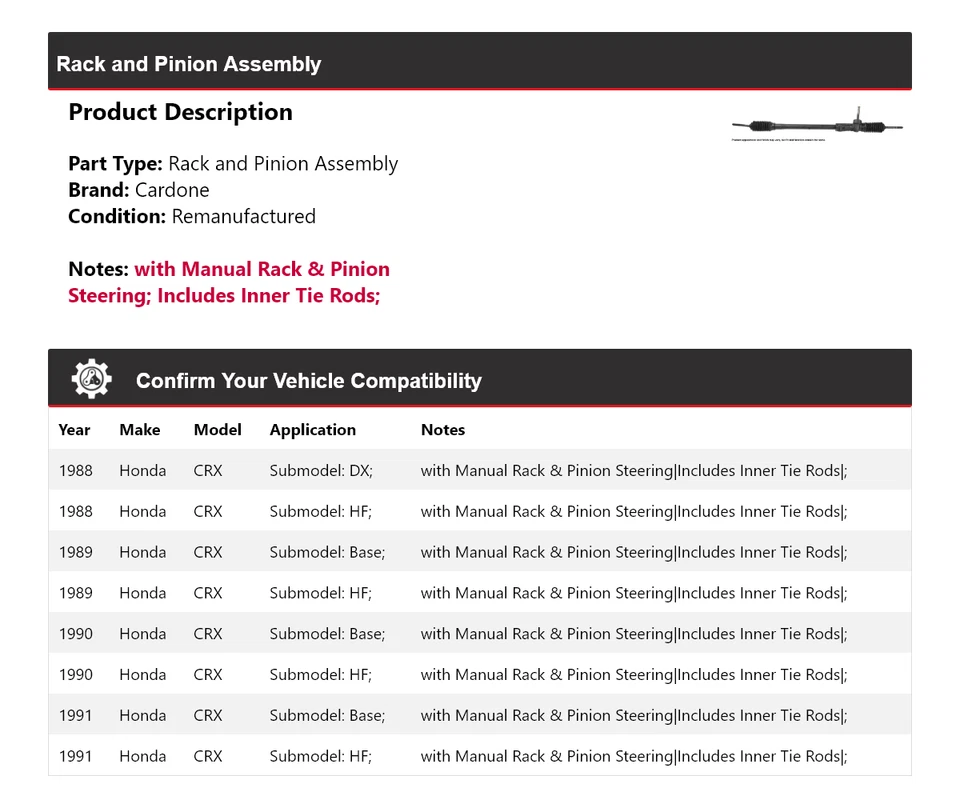Para 1988-1991 Honda CRX conjunto de rack e pinhão Cardone 1989 1990 - Imagem 2 de 4