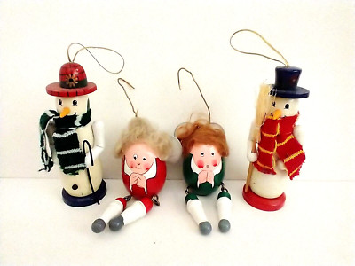 LOT 4 handmade wooden ornaments Snowman nutcrackers angels dangling legs