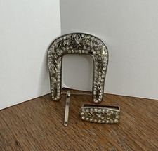 Screw Back Concho Silver Metal Belt Buckle Set Bling Clear Crystal Rhinestones