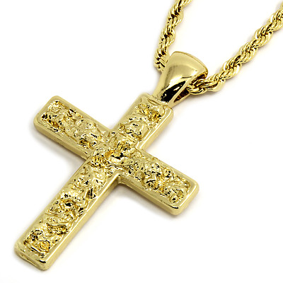 Mens 14K Gold Plated Nugget Cross Pendant Hip-Hop 3mm/24'' Rope Chain