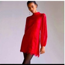 Anthropologie Maeve Open Back Red Lace Mini Dress Mock Neck Long Sleeve Size 6