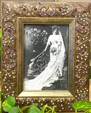 Vintage Baroque Rococo Multicolored Jeweled Bronz/Gold Wood 5x7 Photo Frame