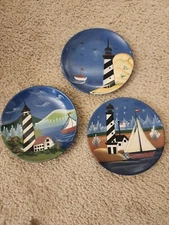 Set Of 3 Blue Decorative Lighthouse Beach Plates 6" Ceramic Sailing Ocean 