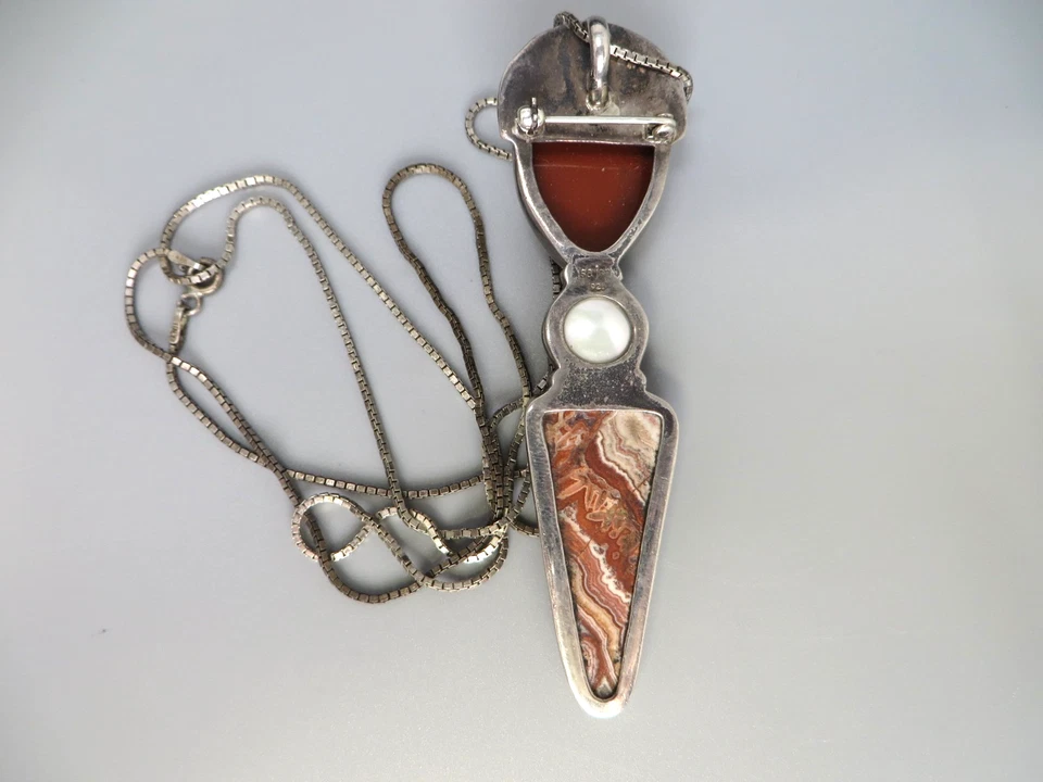 Pingente de deusa esterlina vintage Sajen jaspe vermelho renda louca ágata granada pérola - Imagem 4 de 4