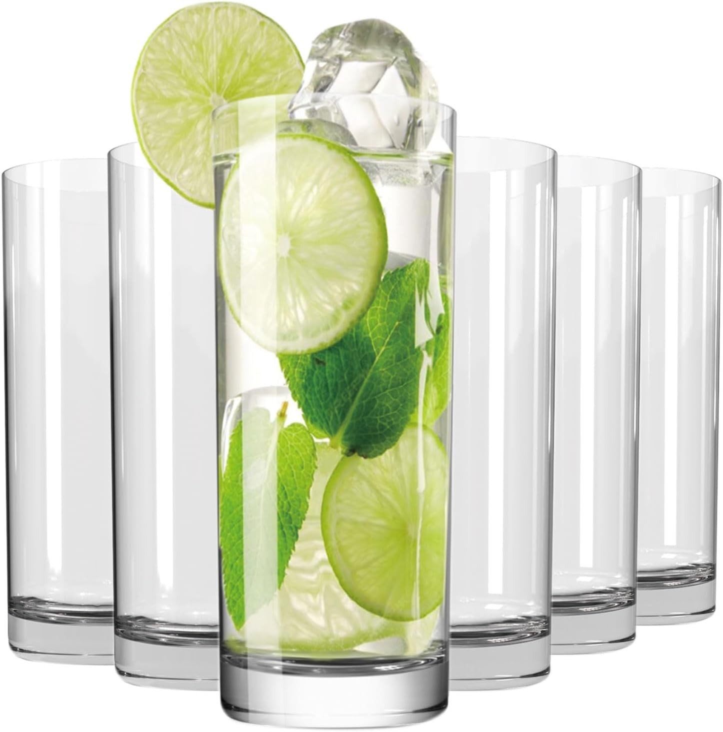 Drinking Glasses Set of 6, 16oz Crystal Highball Glasses, Clear Tall Glass Cups,
