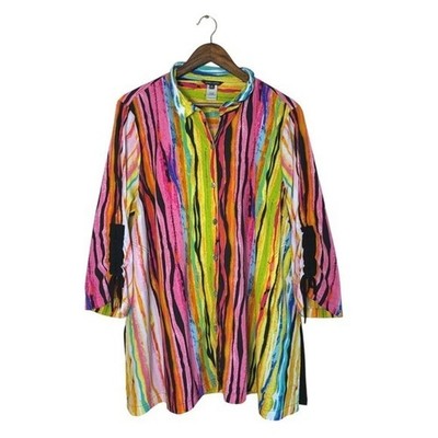 JOHN MARK Women XL Colorful Artsy Gathered Sleeve Button Up Tunic Top Lagenlook