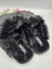 NINE WEST BLACK FUR WOMEN'S SLIPPERS SIZE S 5-6 INDOOR/OUTDOOR CUSHION COMFORT