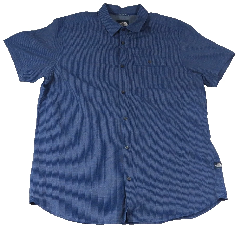 The North Face Shirt Men XL Short Sleeve Button Up Hiking Travel Blue Striped SS