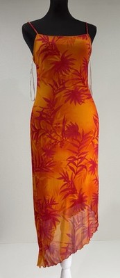 Vtg Y2K My Michelle Orange Red Tropical Mesh Slip Dress Size S Stretch