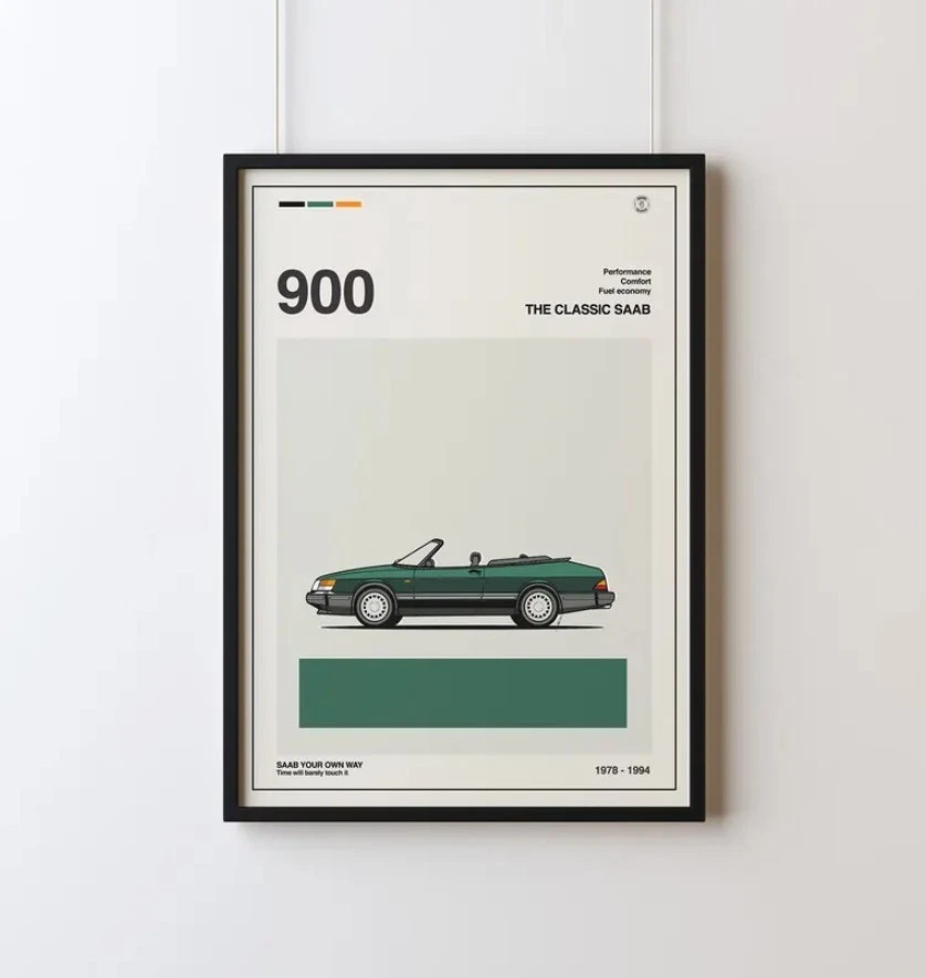 Vintage Saab 900 Cabrio Poster, Wandbild für Oldtimerfreunde
