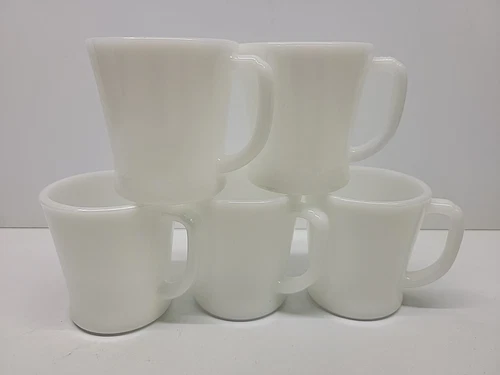 Lot of 5 Vintage Milk Glass Fire King Mugs White D Handle