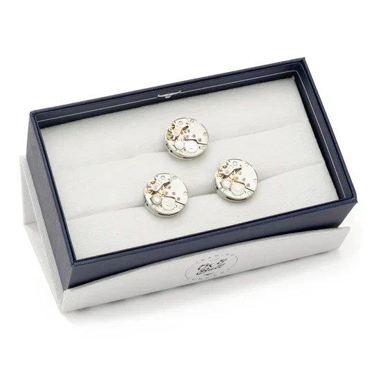 Juego de regalo de gemelos y pasador de solapa movimiento reloj esqueleto borde abierto Foto 2 de 4