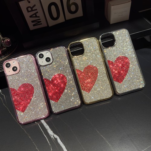 For iPhone 15 Pro Max 14 13 12 Plated Glitter Rhinestone Heart Design Phone Case - Picture 11 of 19