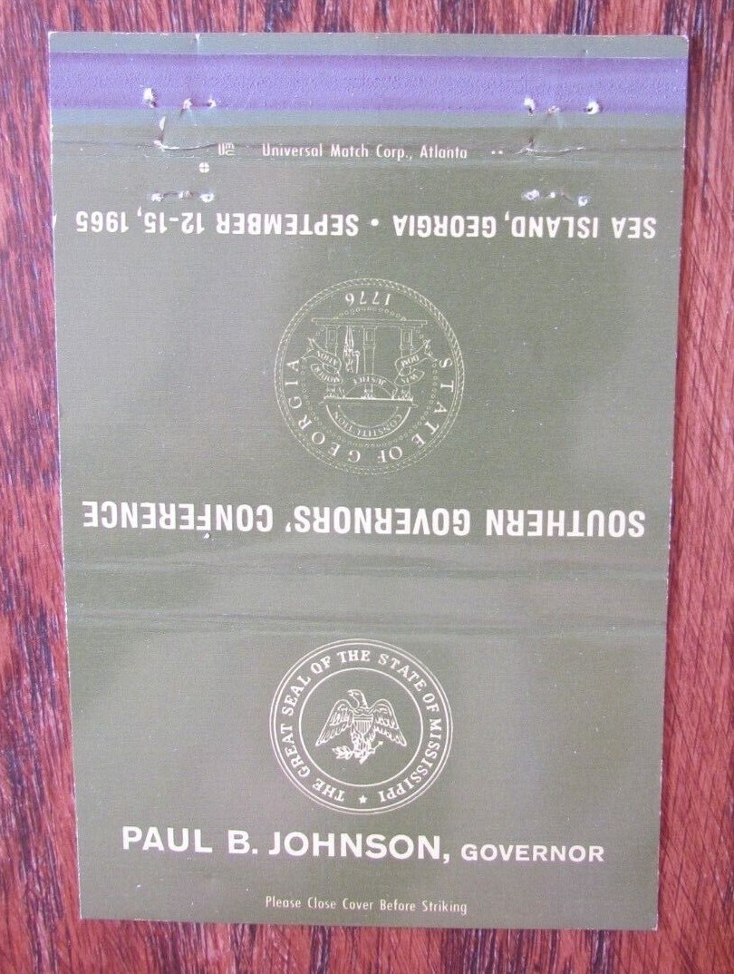 PAUL JOHNSON MISSISSIPPI SOUTHERN GOVERNORS' CONFERENCE 1965 MATCHBOOK COVER D8 eBay