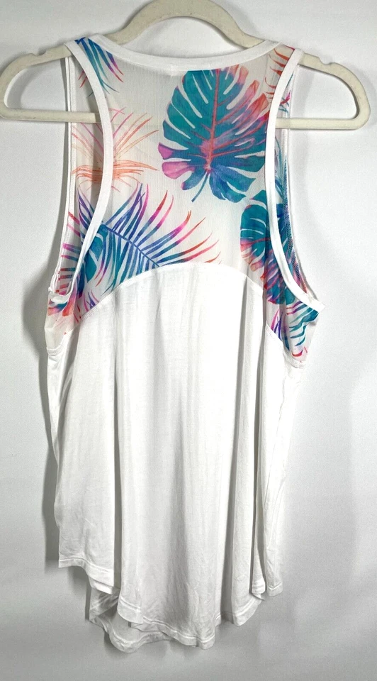 Camiseta sin mangas ROSA súper suave para mujer blanca multicolor malla detalle tropical talla M Foto 2 de 4