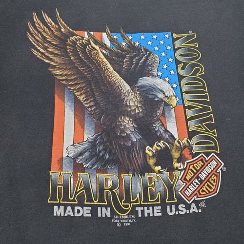 Vintage 3D Emblem Harley Davidson T Shirt Eagle Flag Size XL Made USA 1991 - Image 1